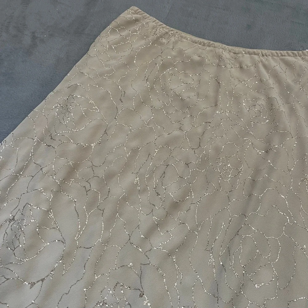 VTG Womens 14W Champagne Floral Sparkle A Line Midi Skirt‎